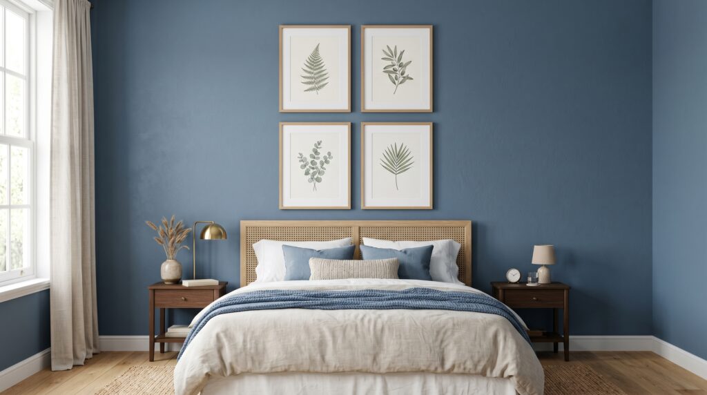 Modern coastal blue bedroom with a rattan headboard and framed botanical prints for interior design inspiration.