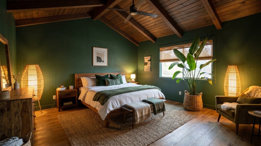 Modern boho bedroom with dark green walls, wood ceiling, woven rug, and a large tropical plant by the window.