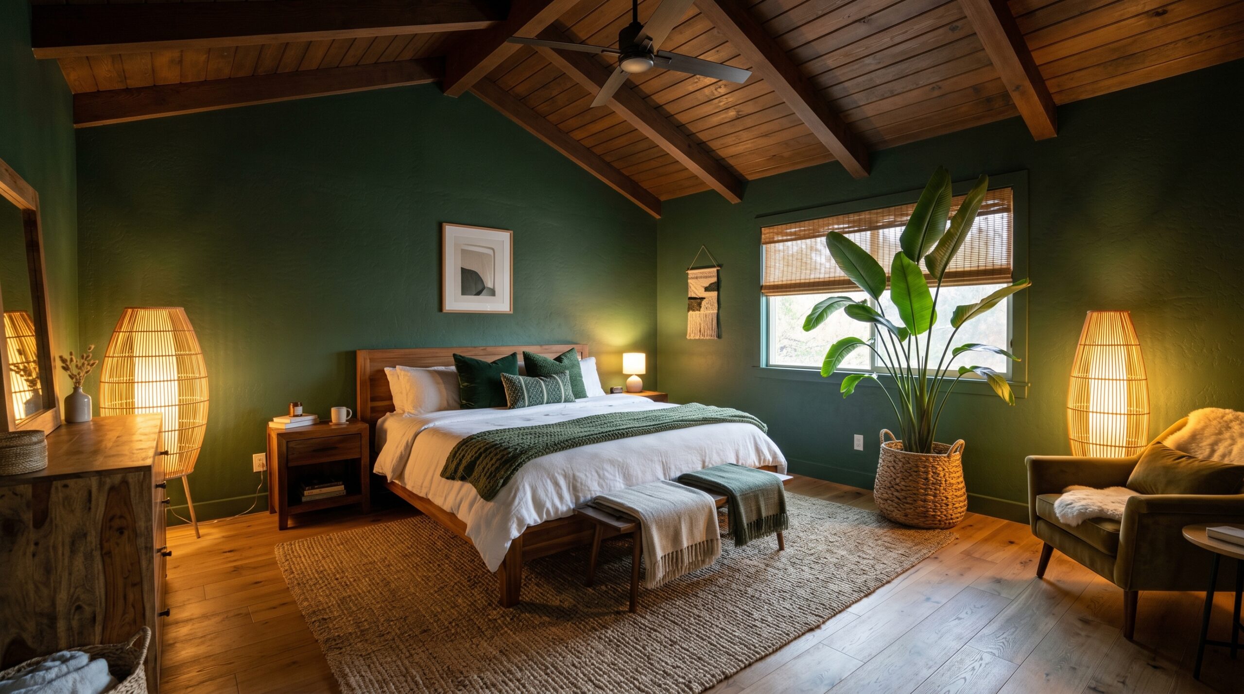 Modern boho bedroom with dark green walls, wood ceiling, woven rug, and a large tropical plant by the window.