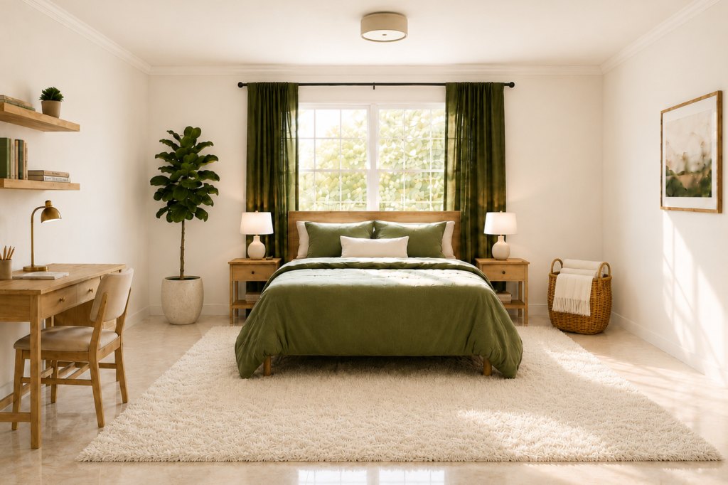 Modern natural bedroom layout highlighting a green bed, wooden desk, and fiddle leaf plant in a spacious room design.