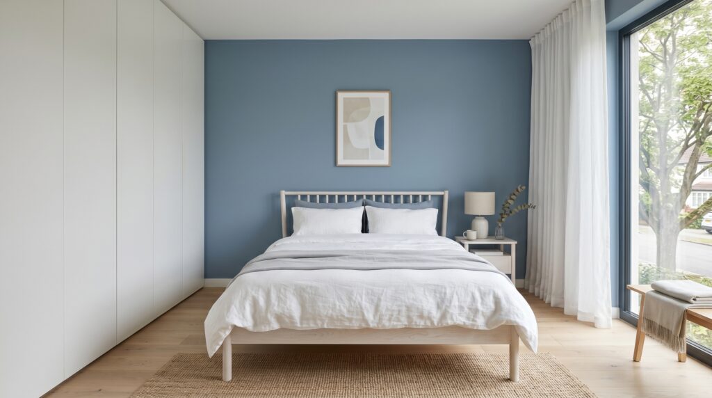 Modern Scandinavian bedroom featuring a light blue accent wall, white minimalist bedding, and large floor-to-ceiling windows.