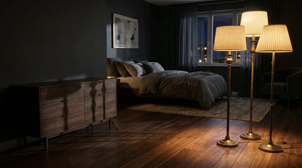 Dark moody bedroom at night illuminated by a cluster of three vintage brass floor lamps casting warm light on wooden floors.