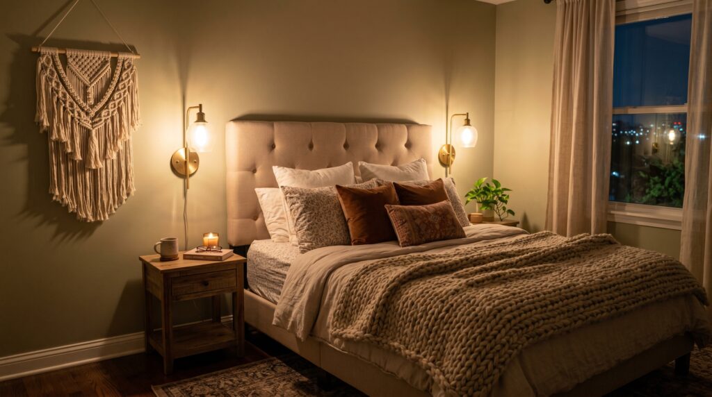 Moody boho bedroom featuring a tufted headboard, chunky knit blanket, rust pillows, and macrame wall art lit by warm sconces.