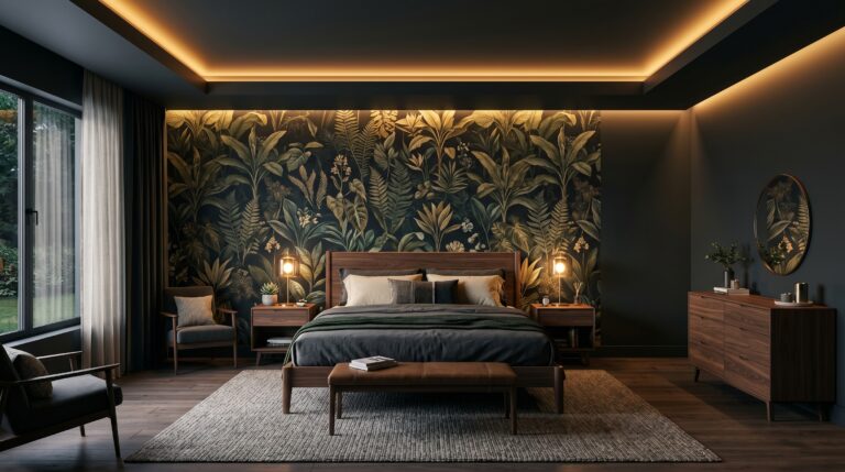 Moody dark bedroom with tropical botanical wallpaper, featuring a wooden bed and warm cove lighting in a modern home.