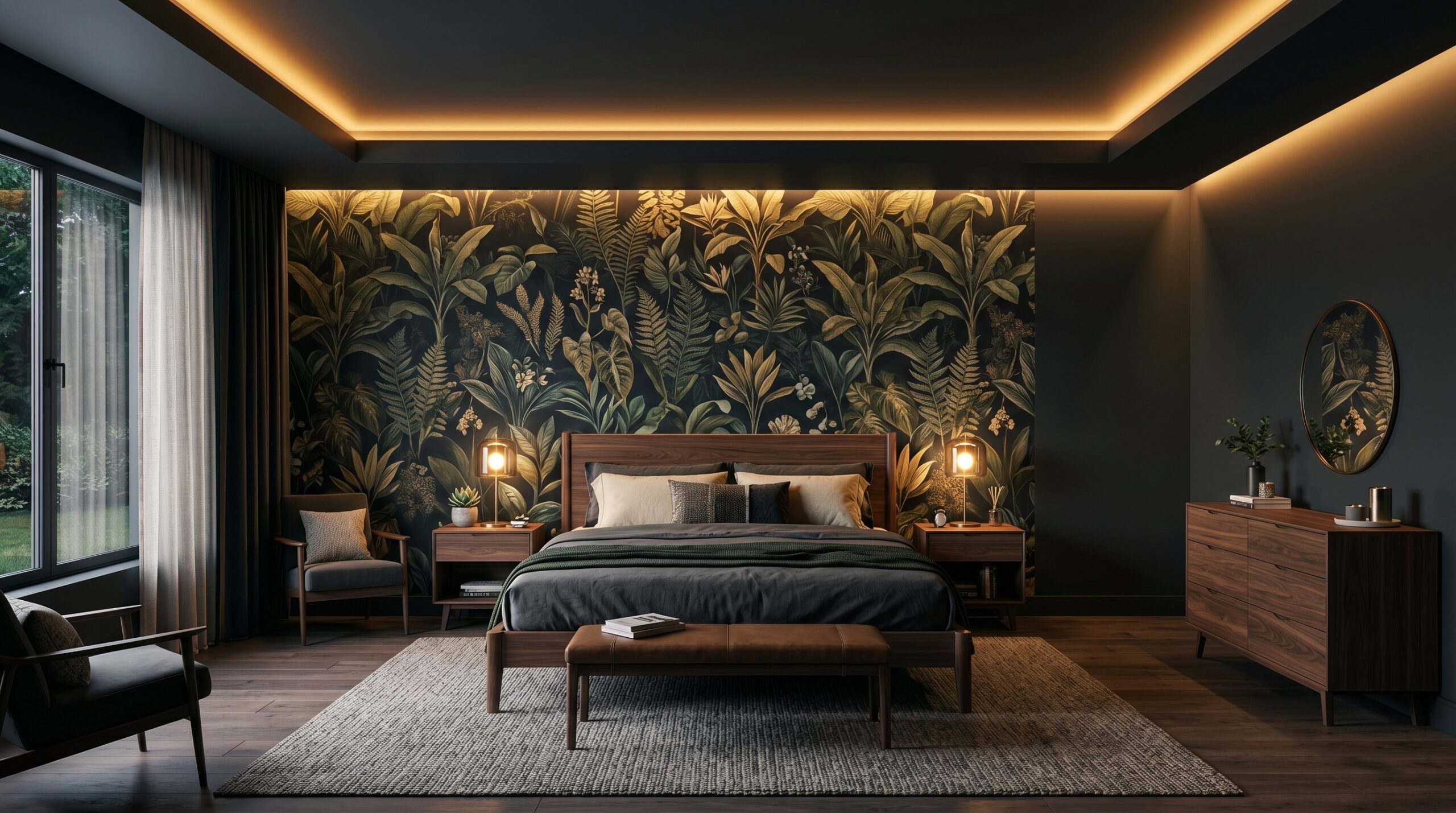 Moody dark bedroom with tropical botanical wallpaper, featuring a wooden bed and warm cove lighting in a modern home.