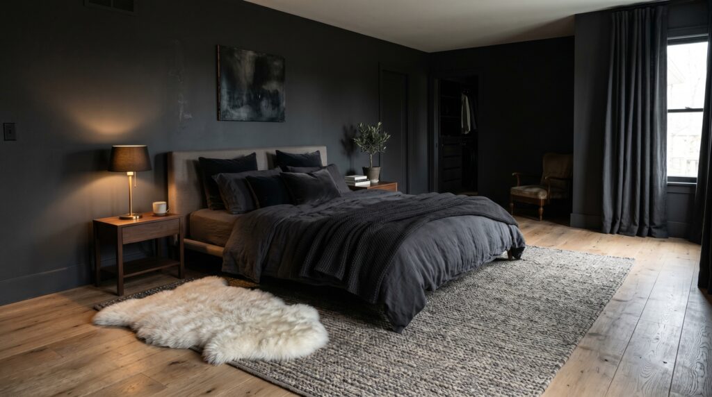 Moody charcoal grey bedroom interior with dark linen bedding, a warm bedside lamp, and a cozy white sheepskin rug.