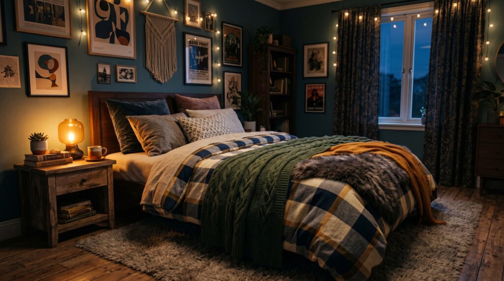 Moody rustic wooden bed with plaid bedding, green knit blanket, and string lights in a dark blue bedroom.