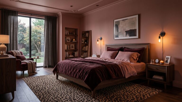 Moody pink bedroom with burgundy velvet bedding, modern dark wood furniture, and a stylish leopard print area rug.