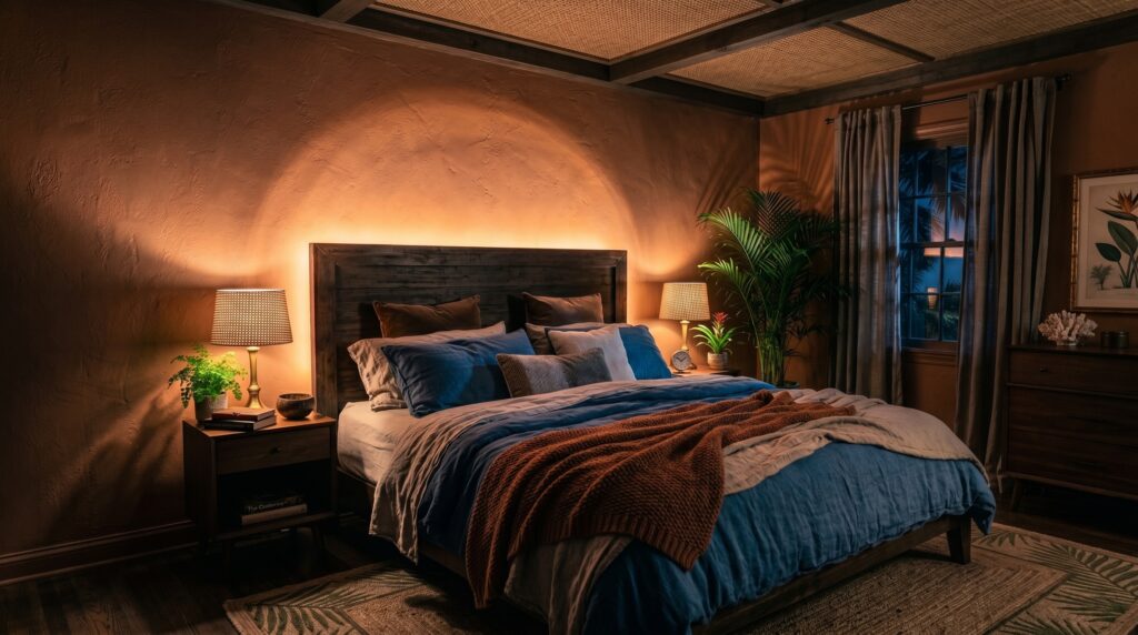 Moody bohemian bedroom at night with terracotta walls, warm ambient lamp lighting, dark wood bed, and tropical plants.