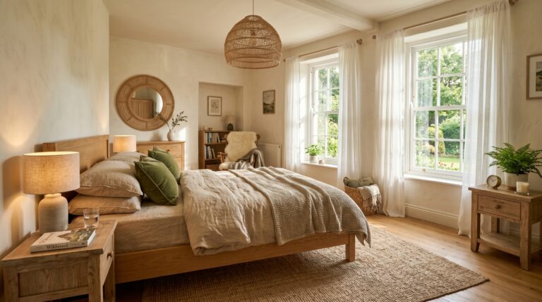 Bright natural boho bedroom featuring a wooden bed with beige linens, green pillows, and woven decor overlooking a garden.