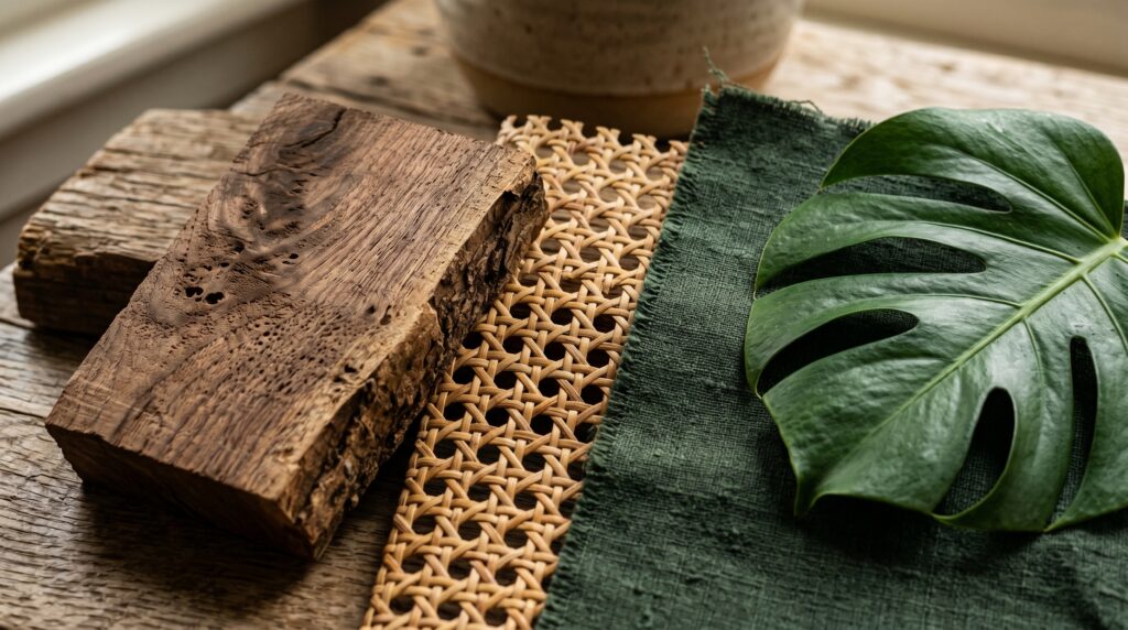 Natural interior design mood board featuring a rustic wood block, woven cane webbing, green linen, and a Monstera leaf.
