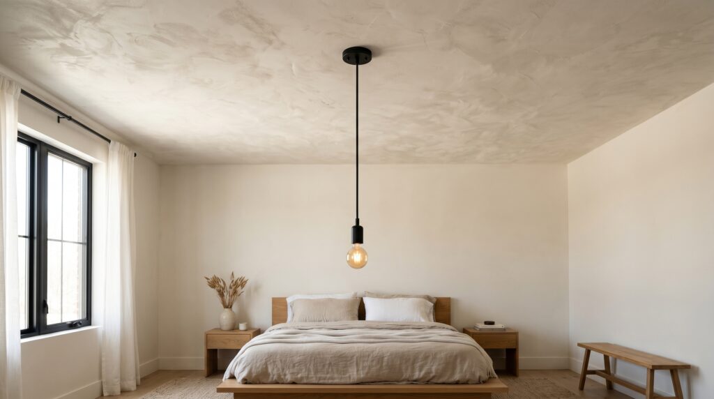 Neutral Japandi style bedroom with textured plaster walls, a low oak platform bed, and a minimalist black pendant light.