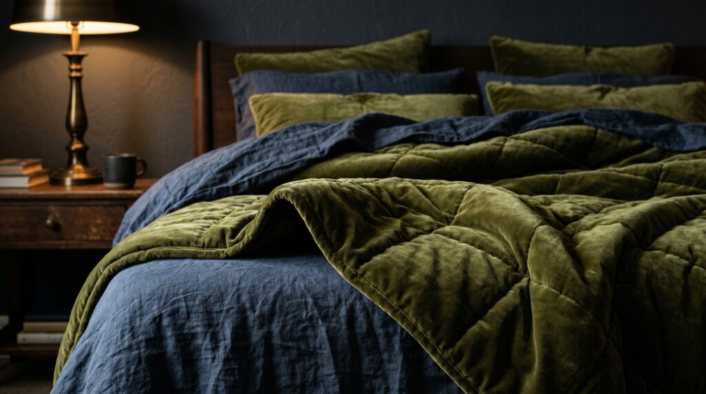 Layered rustic bedding highlighting an olive green velvet quilt and dark blue linen sheets under warm bedside lamp light.