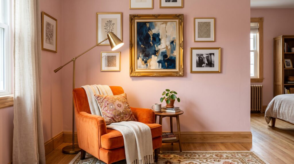 Modern eclectic orange velvet armchair and gold abstract painting in a pastel pink living room corner.