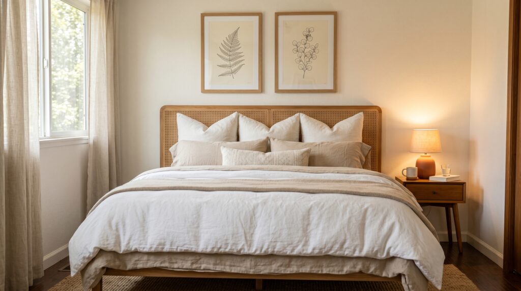 Organic modern bedroom showcasing a woven cane headboard, layered neutral bedding, and framed botanical prints over the bed.