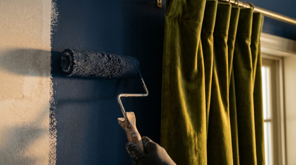 DIY home improvement showing a paint roller applying navy blue paint to a wall beside olive green velvet curtains.