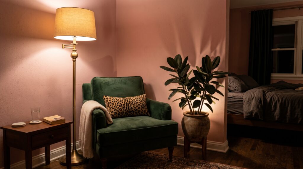 Cozy pink bedroom corner featuring a green velvet armchair with a leopard print pillow next to a brass floor lamp.