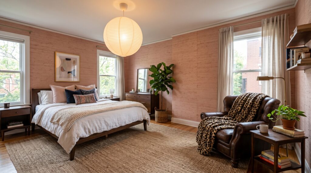 Bright pink bedroom with textured wallpaper, a wooden bed, and a leather armchair draped in a leopard print throw.