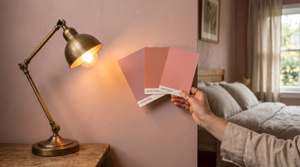 Hand holding pink paint swatches next to a vintage brass lamp against a pink wall for bedroom interior design planning.