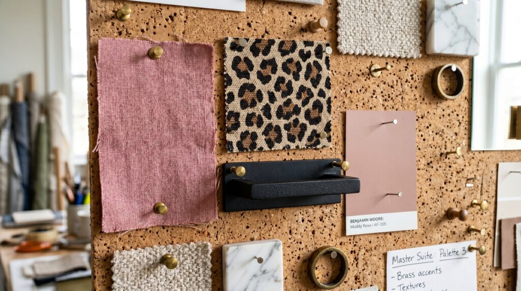 Interior design mood board featuring pink linen, leopard print fabric, and brass hardware for a master bedroom concept.