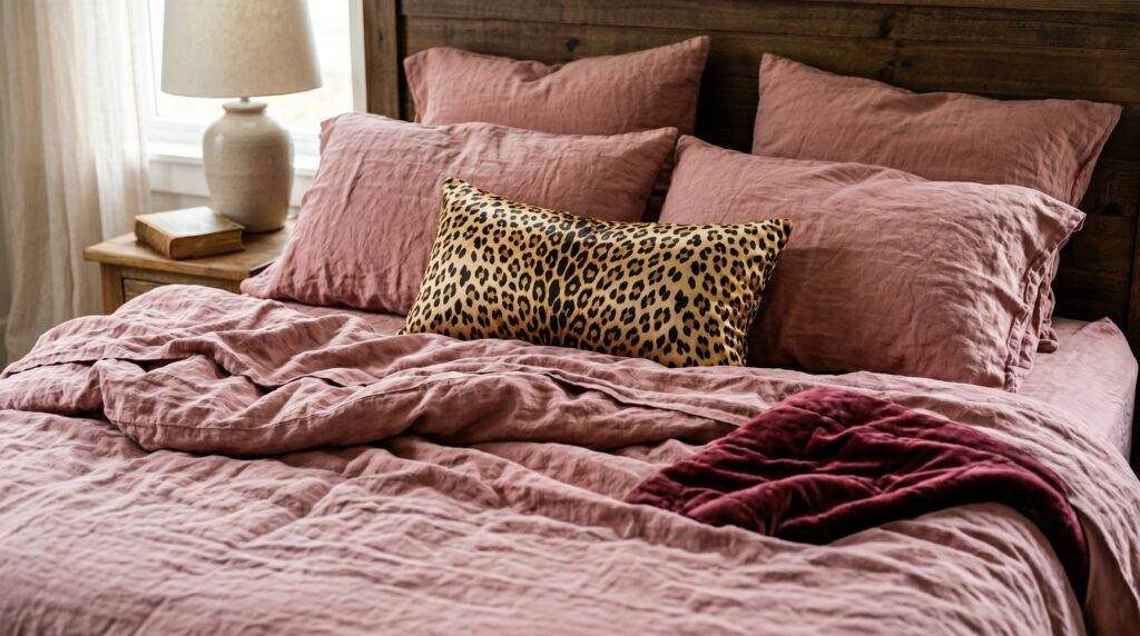 Pink linen bedding styled with a decorative leopard print lumbar pillow on a rustic wood bed frame.