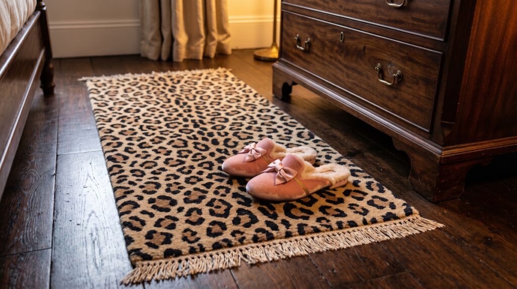 Pink velvet bow slippers resting on a small leopard print accent rug beside a vintage dark wood bedroom dresser.