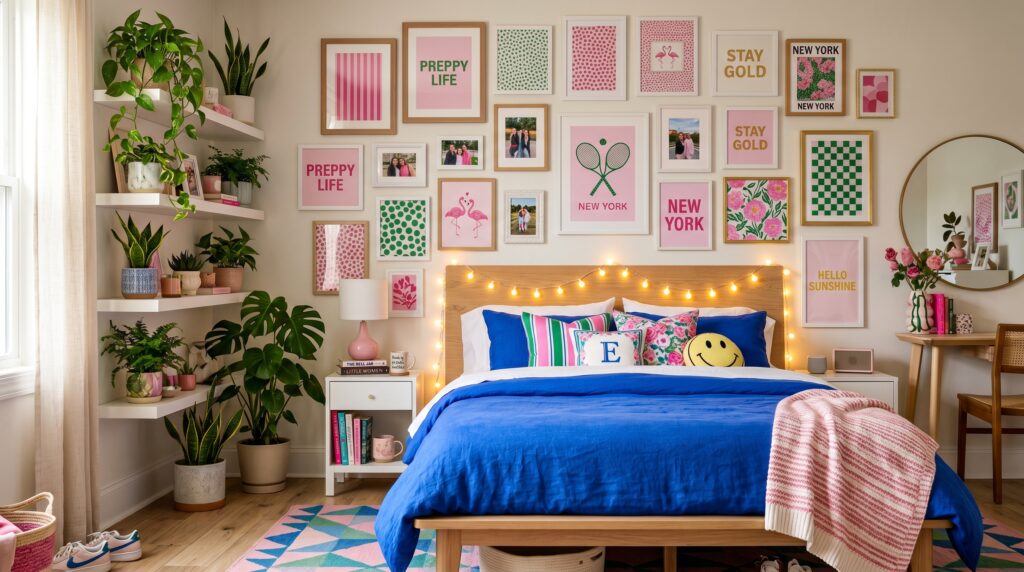 Preppy aesthetic blue bed and pink and green gallery wall in a bright bedroom with plant shelves.
