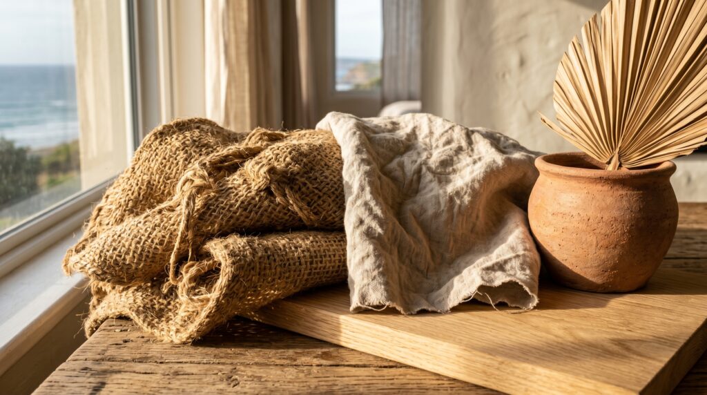Rustic coastal decor featuring folded burlap, soft linen fabric, and a terracotta pot with a dried palm by a sunny window.