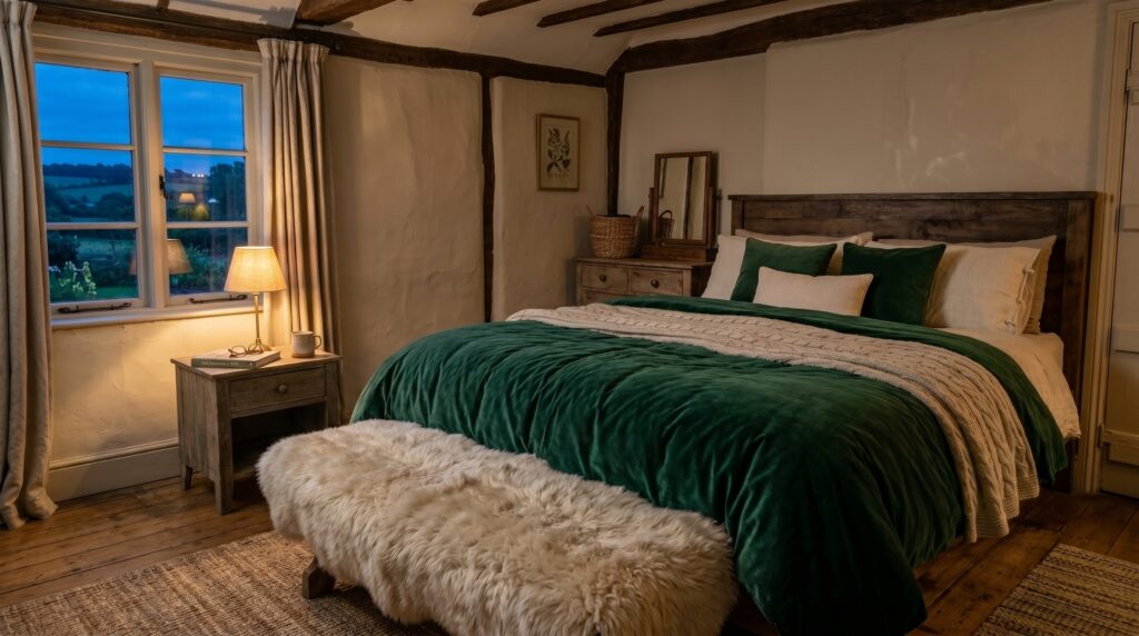 Rustic English cottage bedroom with exposed timber beams, emerald green velvet bedding, and a fluffy sheepskin bench.