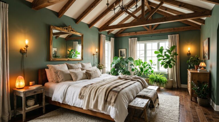 Cozy rustic modern bedroom with vaulted wood ceilings, olive green walls, indoor plants, and layered neutral bedding.