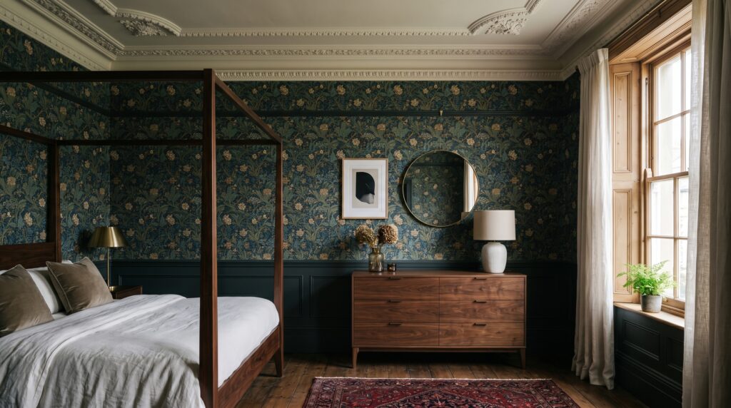 Traditional bedroom interior with dark floral vintage wallpaper, green wainscoting, and a classic wooden four-poster bed.
