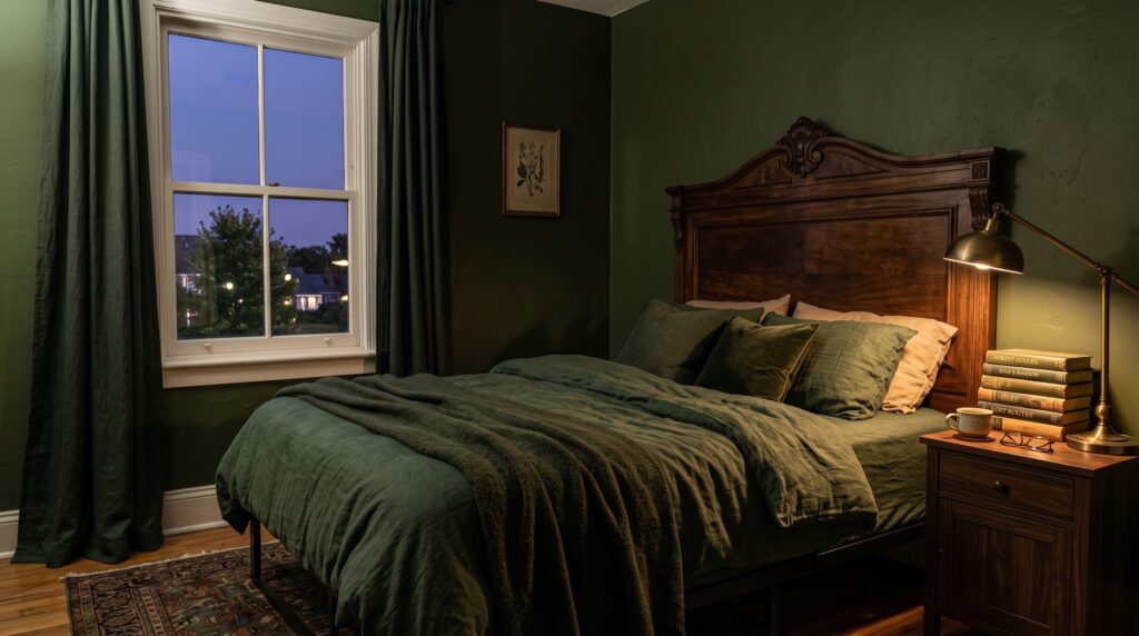 Classic vintage bedroom interior with a dark wood antique bed frame and green bedding beside a bright window at dusk.
