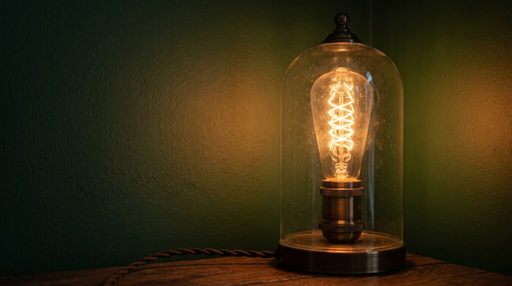 Industrial vintage table lamp glowing with an Edison bulb inside a glass cloche sitting against a moody dark green wall.