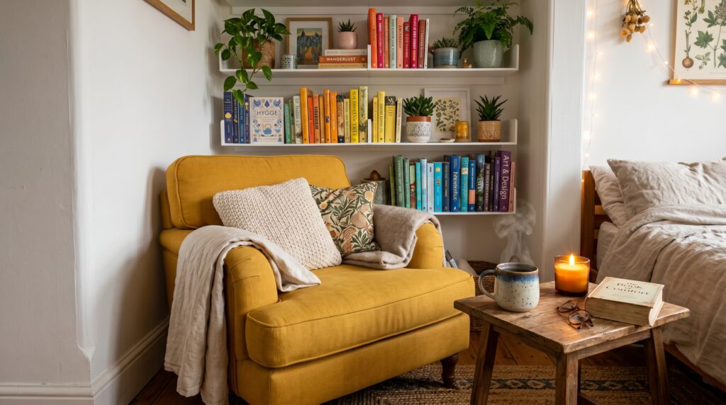 Cozy hygge yellow armchair, steaming coffee mug, and colorful floating bookshelves in a relaxing reading nook.